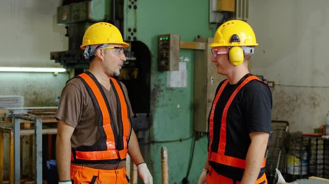 Two happy male industrial factory workers wearing safety helmets, protective glasses, and reflective vests talking and shaking hands in front of heavy manufacturing machinery, celebrating teamwork.
