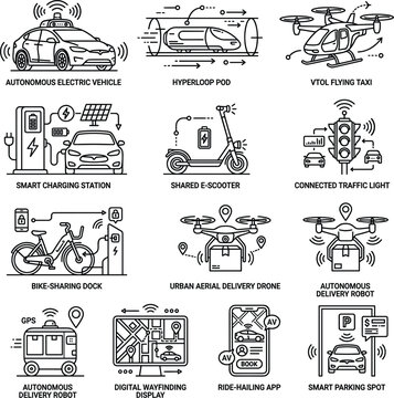 Future Transportation and Smart City Mobility Line Icon Set with Autonomous Electric Vehicle, Flying Taxi, Delivery Drone, and Connected Infrastructure Symbols