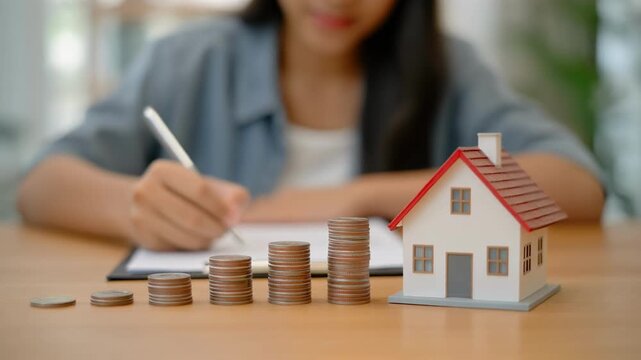 Woman's hand writing with pencil near house model and stacked coins on table during daytime