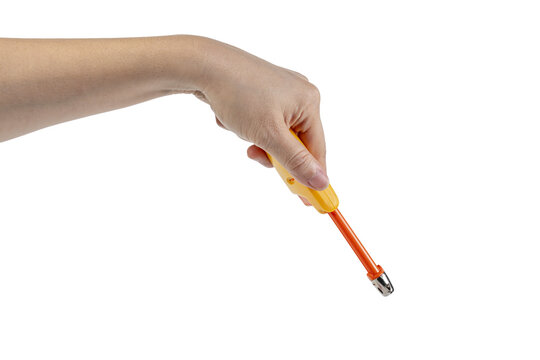 Yellow gas lighter gun for gas-stove and hand isolated on transparent background.