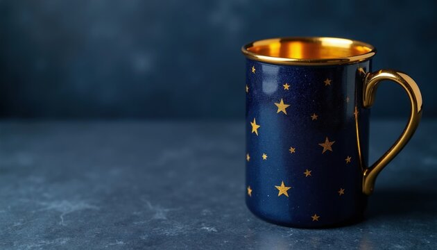 Golden cup with shiny stars on dark blue background surface. Elegant mug design for festive occasions pro awards. Luxury vessel item for celebration concept. Minimalist style drink container with