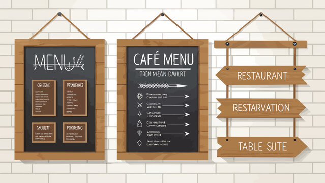 Modern rustic restaurant menu and direction signage set on brick wall