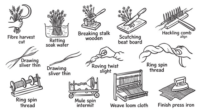 Traditional textile manufacturing process and linen fibre production steps.