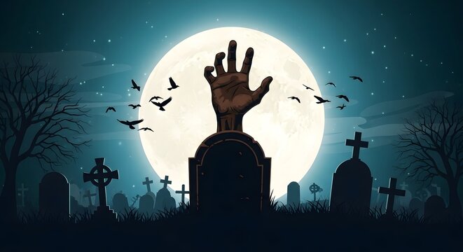 Spooky happy halloween scene zombie hand rising from a graveyard under a full moon