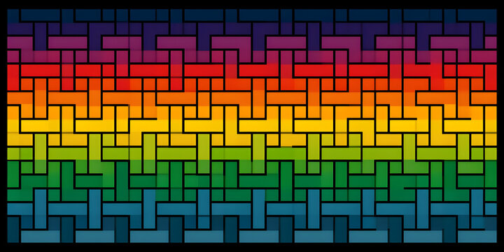 Modern rainbow mosaic background combining vivid rectangles with radiant abstract light patterns