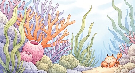 Underwater scene with colorful coral reefs, green seaweed, and a cute orange crab walking on the sandy ocean floor in a bright cartoon style