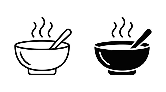 Hot Soup Bowl Icon Set Vector with Steam and Spoon Outline and Solid Food Icons