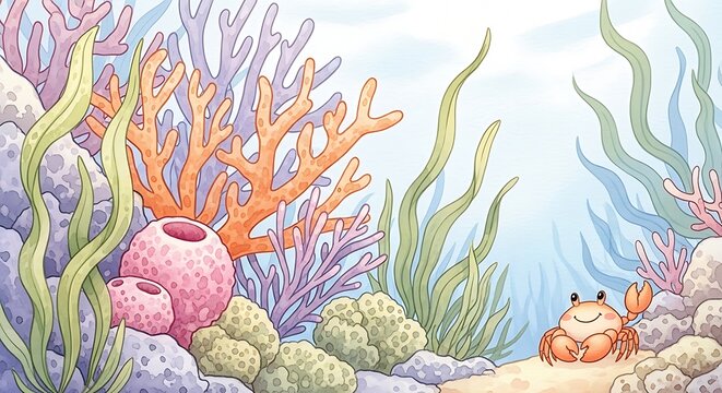 Underwater scene with colorful coral reefs, green seaweed, and a cute orange crab walking on the sandy ocean floor in a bright cartoon style