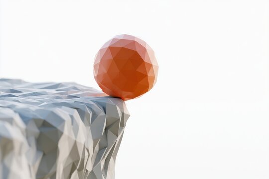 Geometric Ball Rolls Towards Cliff Edge on Low-Poly Landscape in Warm Colors Against a White Background