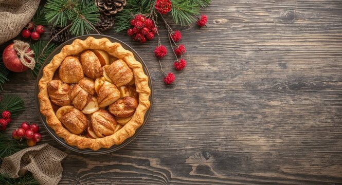 Freshly Baked Apple Pie Surrounded by Holiday Decorations on Rustic Wooden Table