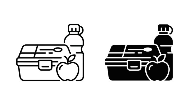 Lunch Box with Apple and Water Bottle Icon Set Vector Outline and Solid Healthy Meal Icons