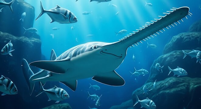 Sawfish swimming through clear blue ocean water surrounded by a school of smaller fish and rocky underwater terrain in a deep sea environment