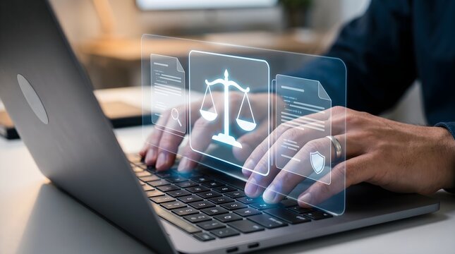 Document and compliance. Management and assessment system of compliance. Lawyer reviewing and preparing legal documents. Hands typing on laptop computer keyboard at desk in office.  