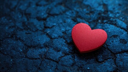 Fototapeta premium Red Heart Shaped Object on Dark Textured Surface with Water Droplets
