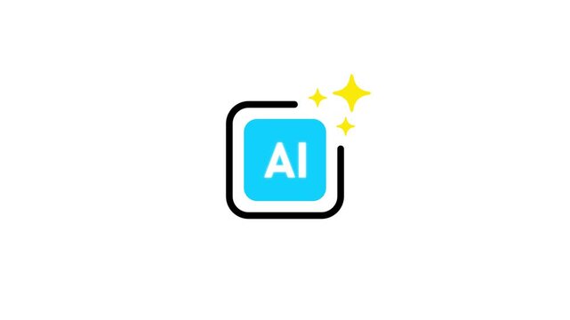 Blue square icon with AI text and yellow sparkles on white background artificial intelligence technology