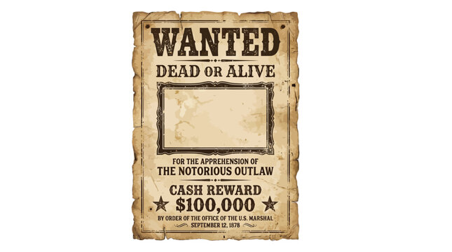 Vintage western style wanted poster vector graphic illustration featuring a blank frame for criminal portraits
