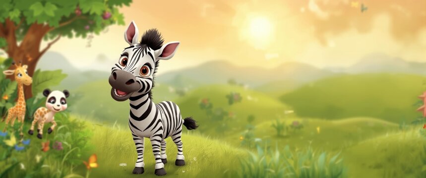 Playful Cartoon Zebra Smiling in a Sunlit Green Meadow with Friends