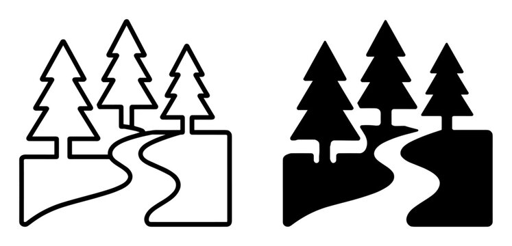 Minimalist black and white forest landscape icons with pine trees and winding path on transparent background