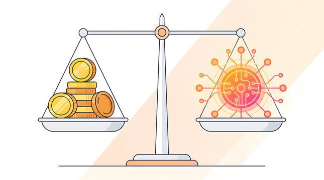 Balance scale comparing traditional gold coins with a glowing digital technology network