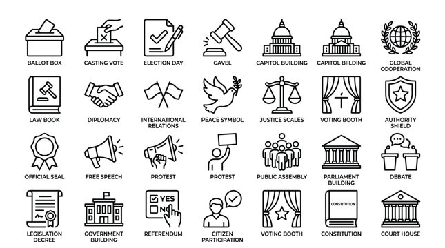 Government and law icons set featuring political symbols including ballot box capitol building justice scales gavel diplomacy and election campaign elements.