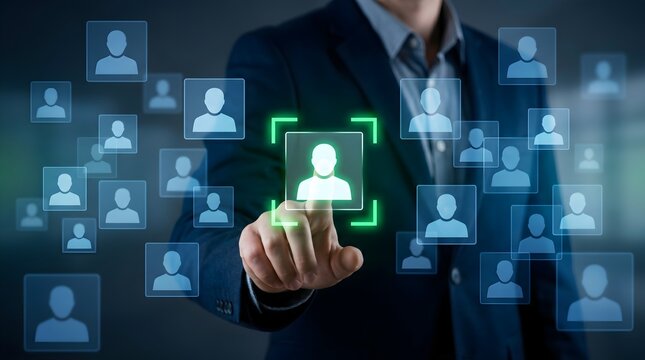 Targeting and personalization of customer communication. Marketing automation system. Marketer tapping a customer icon.  