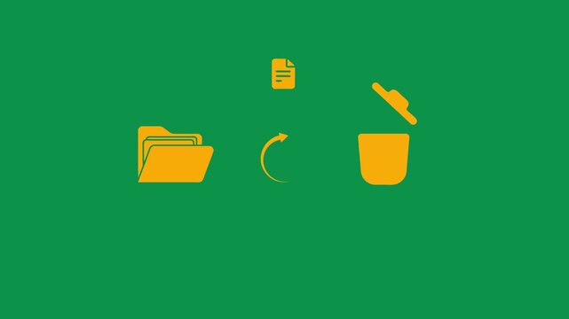 Yellow computer folder and document file moving into trash bin icon concept on green background for data deletion and file management template