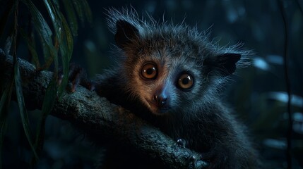 Naklejka premium An ultra-realistic aye-aye lemur perched on a tree branch in the dark Madagascan rainforest, its luminous eyes glowing through the shadows and creating a mysterious nocturnal atmosphere. 
