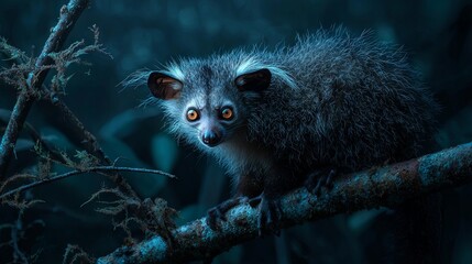 Obraz premium An ultra-realistic aye-aye lemur perched on a tree branch in the dark Madagascan rainforest, its luminous eyes glowing through the shadows and creating a mysterious nocturnal atmosphere. 