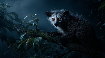 Obraz premium An ultra-realistic aye-aye lemur perched on a tree branch in the dark Madagascan rainforest, its luminous eyes glowing through the shadows and creating a mysterious nocturnal atmosphere. 