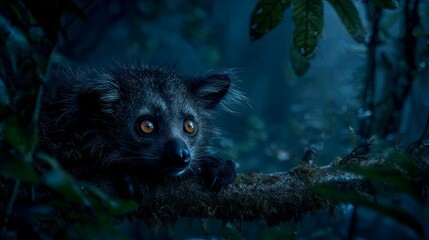 Naklejka premium An ultra-realistic aye-aye lemur perched on a tree branch in the dark Madagascan rainforest, its luminous eyes glowing through the shadows and creating a mysterious nocturnal atmosphere. 