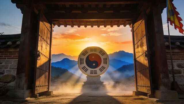 Realistic South Korea Freedom Concept With Taegeukgi And Mountain Sunrise