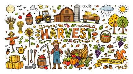 Fototapeta premium Harvest Season Farm Poster in Colorful Hand Drawn Doodle Style