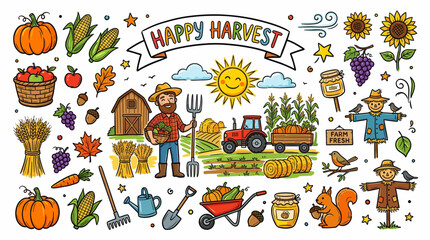 Fototapeta premium Autumn Harvest Farm Elements in Colorful Hand Drawn Doodle Style