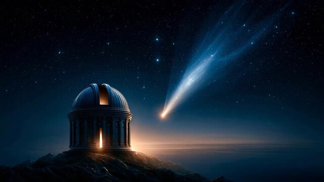 Bright Comet Over Silhouetted Observatory Under Starry Sky
