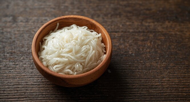 Cooked Rice Noodles in Wooden Bowl - Rustic Tabletop, Natural Light