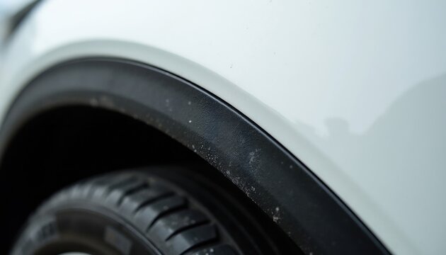 Close-up view shows texture on white car fender and tire tread detail. Exterior auto part shows dirt specks on black trim. Vehicle component surface reflects soft light.