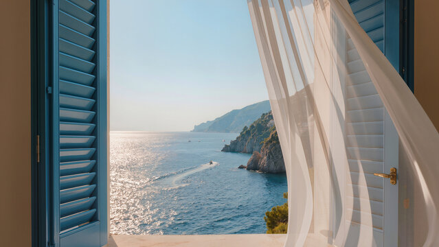 open blue shutters framing a breathtaking sea view, sheer white curtains flowing in the wind, bright Mediterranean sunlight