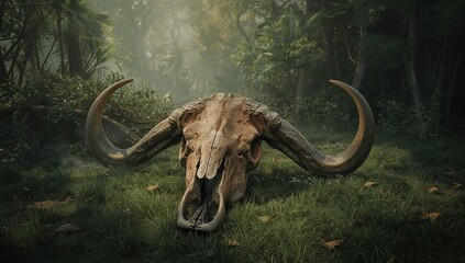 Fototapeta premium Buffalo Skull Resting on Green Grass in Foggy Forest Environment
