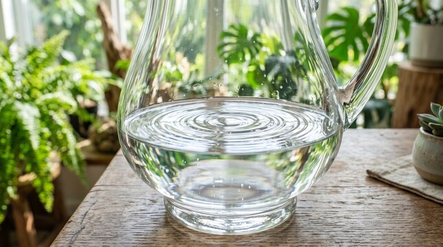 Glass pitcher filled with clear water sits on a rustic wooden table surrounded by lush green house plants.