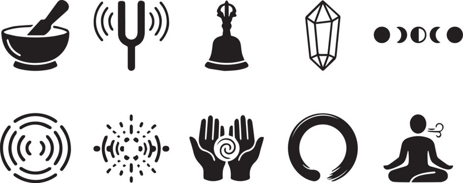 Sound Healing and Spiritual Meditation Solid Glyph Icon Set Featuring Singing Bowl Tuning Fork Ritual Bell Crystal Moon Phases Soundwaves Healing Hands Enso Circle and Breathing Pose
