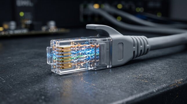 High speed ethernet network cable connector transmitting data signals with glowing digital particles
