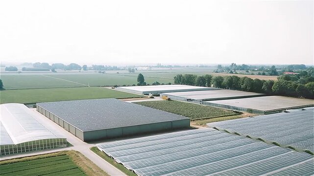 Aerial drone view of massive greenhouse for growing vegetables. Flying over large industrial greenhouses with transparent roof.
