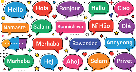 Multilingual hello speech bubbles background pattern containing colorful chat boxes with international greetings hello hola bonjour ciao namaste salam and privet vector illustration © MstLinaAkter