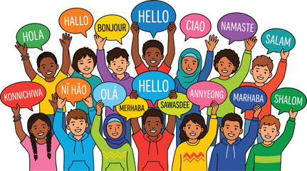 Multicultural children holding colorful hello speech bubbles in various world languages celebrating international diversity friendship global language education and community unity vector © MstLinaAkter