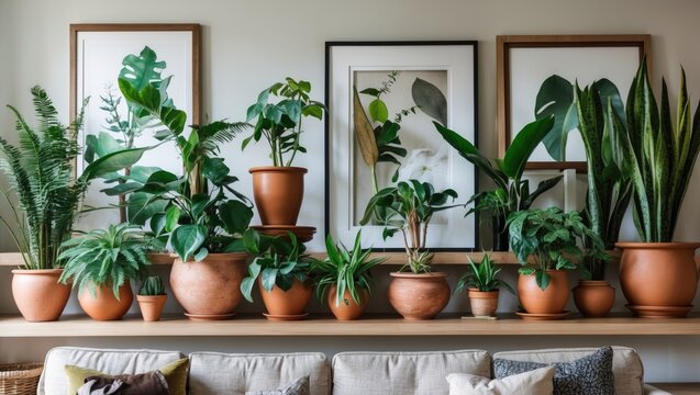 The living room features stunning plants in diverse pots on a shelf and a picture frame arrangement as part of the interior design, while accessories that add a touch of elegance to every outfit.