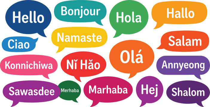 Multilingual hello speech bubbles vector composition with international greeting words bonjour hola ciao ni hao and namaste for global conversation chat and translation concept