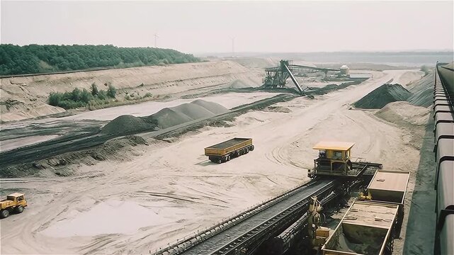 Aerial view of pit mine coal mining, dumpers, quarrying extractive industry stripping work. Big Yellow Mining Trucks. View from drone at opencast mining with lots of machinery trucks.
