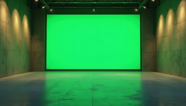 Large blank green screen set in concrete room with stage lights. This modern studio space is ready for virtual production or video recording. Empty venue for broadcast.