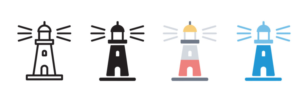 Nautical lighthouse icon vector featuring a coastal navigation signal with a marine searchlight tower for maritime design.