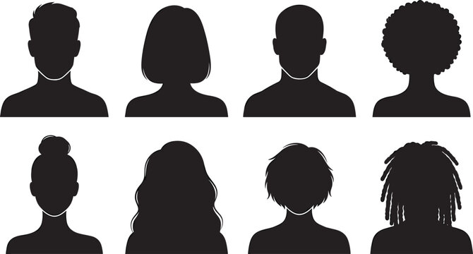 Set of black silhouettes representing diverse human avatars, user profile icons, and various hairstyles for corporate design